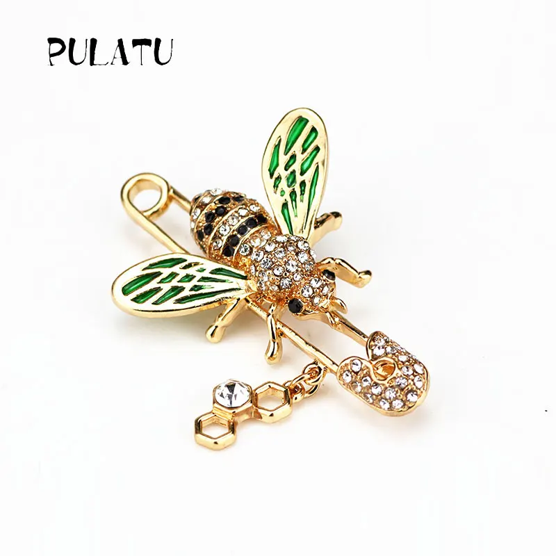 Pulatu, милая пчела, женские броши в форме животного, кристалл, красный, зеленый, пчела, брошь на булавке, 63*48 мм, Значки для одежды, женские броши - Окраска металла: Green