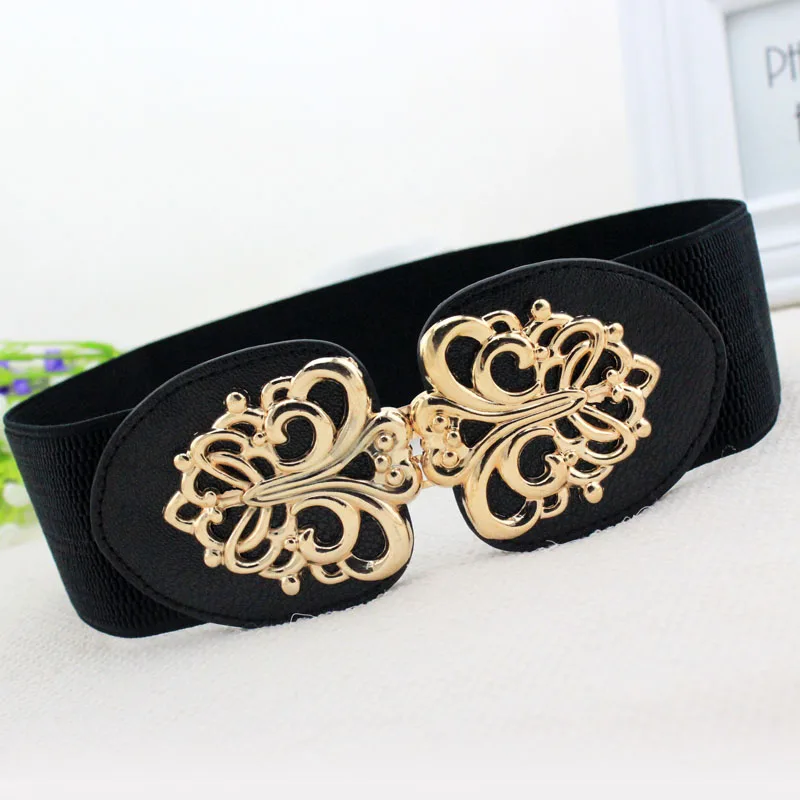 Women&#39;s elastic wide belt gold buckle cummerbund female elastic strap one piece dress decoration ...