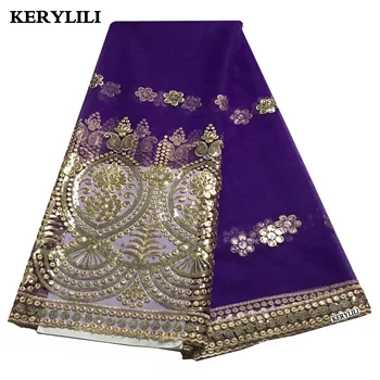 

High Quality African Lace Fabric Purple Wedding Paillette Sequince Organza Net Cloth Tulle Sewing Nigerian Material KRL-42596