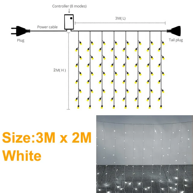 Гирлянда Рождественский светодиодный Шторы строки света год/для отдыха и вечеринок/Свадебные украшения гирлянды на открытом воздухе светодиодное освещение для сада - Испускаемый цвет: 3x2m White