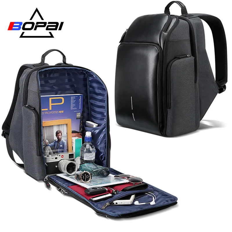 BOPAI University Students School Backpack Stylish Leather Laptop Backpack Waterproof Men Large ...