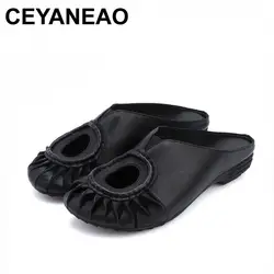 Ceyaneao Новый Шлепанцы из натуральной кожи для Для женщин шить слайды Оксфорд вне плоская подошва без каблука Водонепроницаемый обуви четыре