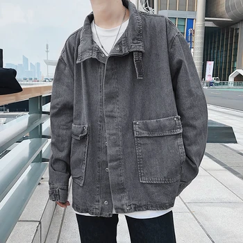 

2018 American retro casual simple OVERSIZE loose denim jacket solid color wild men's jacket gray/ blue size M-XL