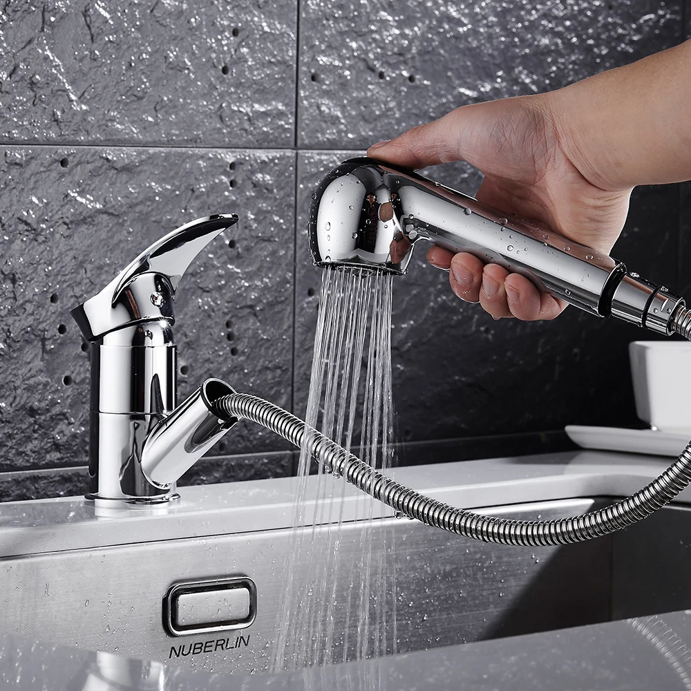 Kitchen Pull Out Faucets Chrome Brush Kitchen Sink Mixer Taps Dual Spout Cold And Hot Water Faucets torneira cozinha ZR704