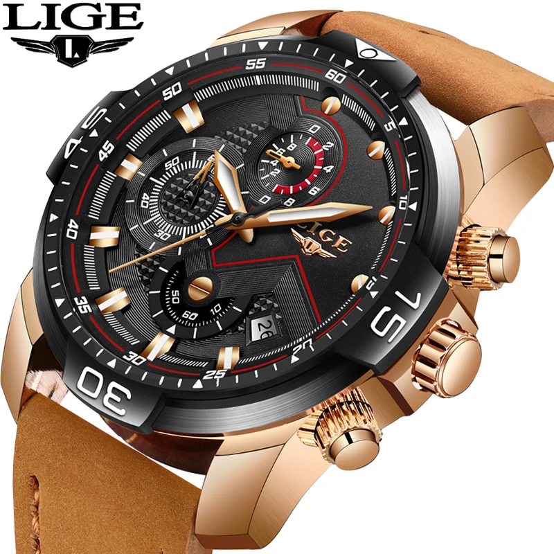 

LIGE Mens Watches Top Brand Luxury Casual Leather Quartz Clock Male Sport Waterproof Watch Gift Gold Watch Men Relogio Masculino