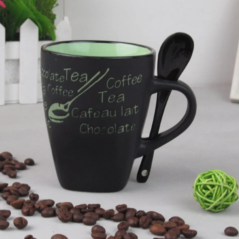 Coffee Cups And Mugs With Spoon Matte Black Ceramic Coffee Mug Milk Cup DrinkTea Creative Porcelain Travel Coffee Mug Letters       CB225