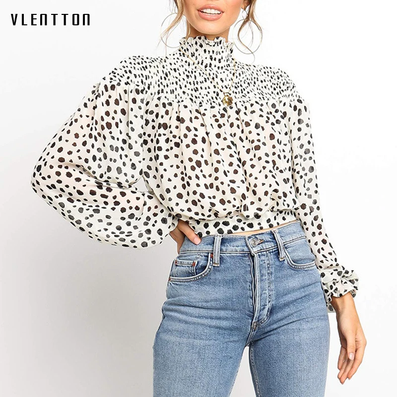 

2019 Sexy Chiffon Leopard Short Women Blouses Top Elegant Turtleneck Long sleeve Lace up White Blouse Shirt Blusas Camisas Mujer