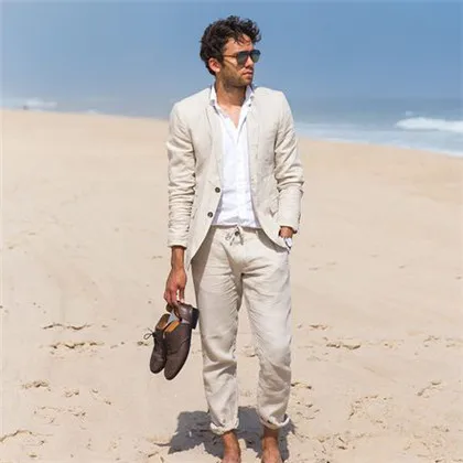 Новое поступление дизайн бежевый пляжный льняной мужской костюм Slim Fit 2 шт смокинг на заказ Блейзер Жених выпускного вечера костюмы мужской пиджак+ брюки - Цвет: same as image