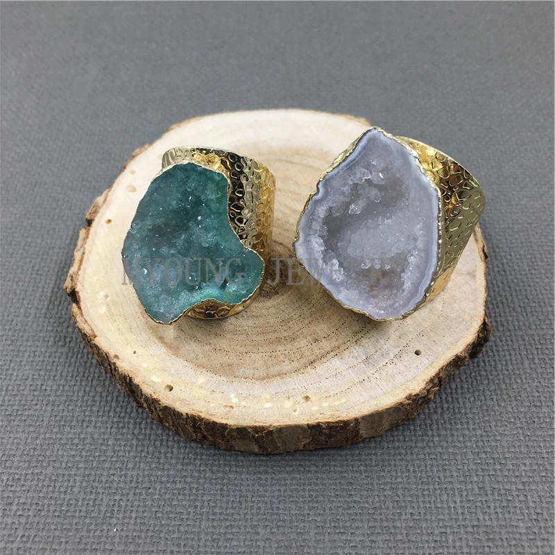 MY1040 Natural Agates Druzy Geode Rings Gold Color Base Rings (1)