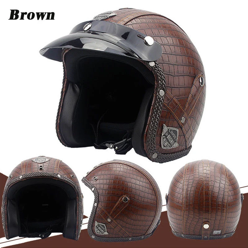 Brown Motorcycle Helmets 3/4 Open Helmet PU Leather + Goggle Mask Vintage Style L