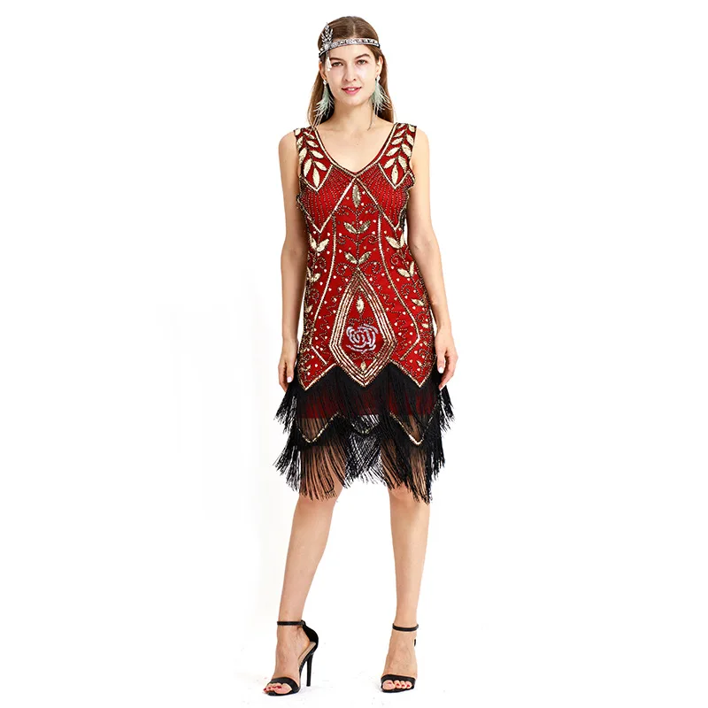 

Women sleeveless tassel patchwork sequined floral embroidery flapper dress Vintage 1920s festival rave fringe party gatsby dress