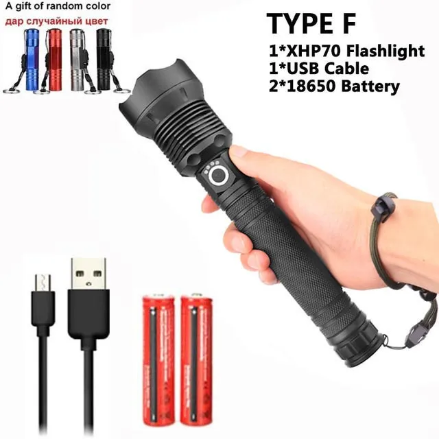 Yunmai 80000LMs Powerful LED Flashlight XHP70 XHP50 Rechargeable USB Zoom Torch XHP70.2 18650 26650 Self Defense Hunting Lamp - Emitting Color: F