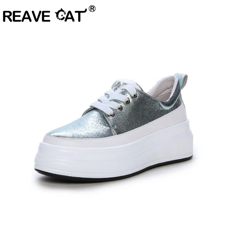 

REAVE CAT Genuine leather flat platform shoes Women Glitter sneakers creepers breathable loafers soft anti- sweat lady shoes