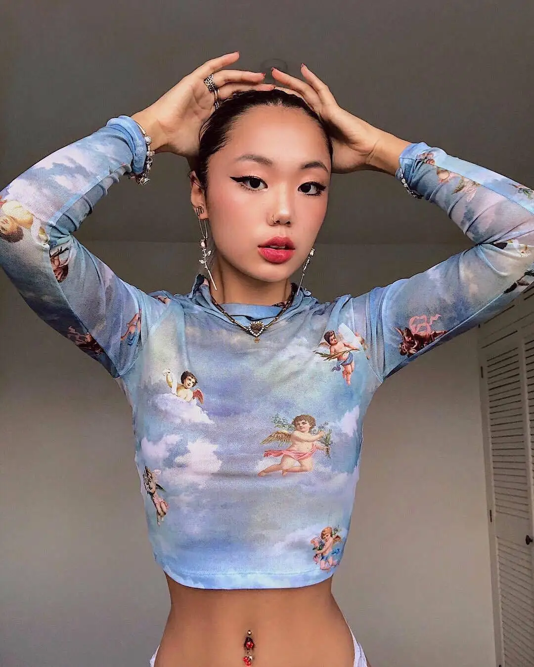

2018 Autumn Cupid Angel Printed Transparent Mesh Blue T-Shirt Women High Neck Long Sleeve Slim Basic Crop Tops Casual T-Shirts