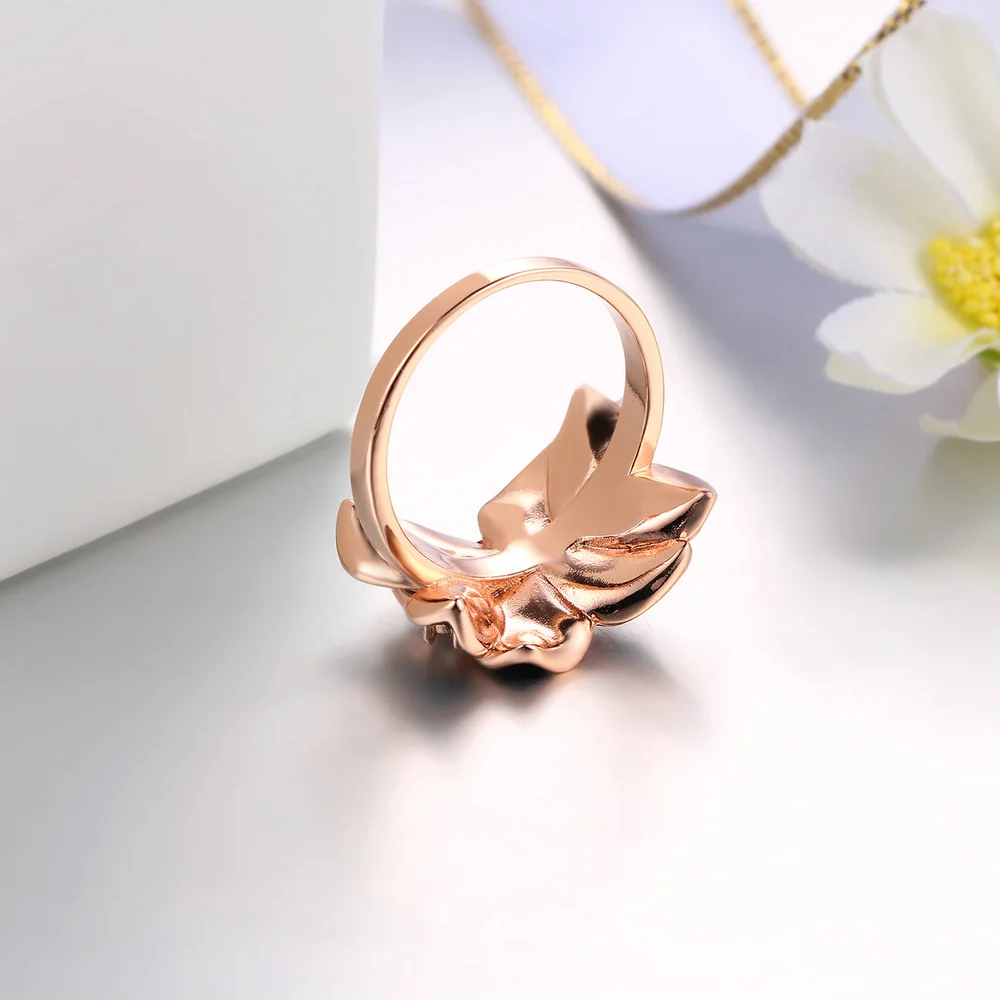 Double Fair Brand Romantic Leaf Black Drip oil Ring Rose Gold Silver Color Vintage Fashion Jewelry For Women DFR678 DFR679