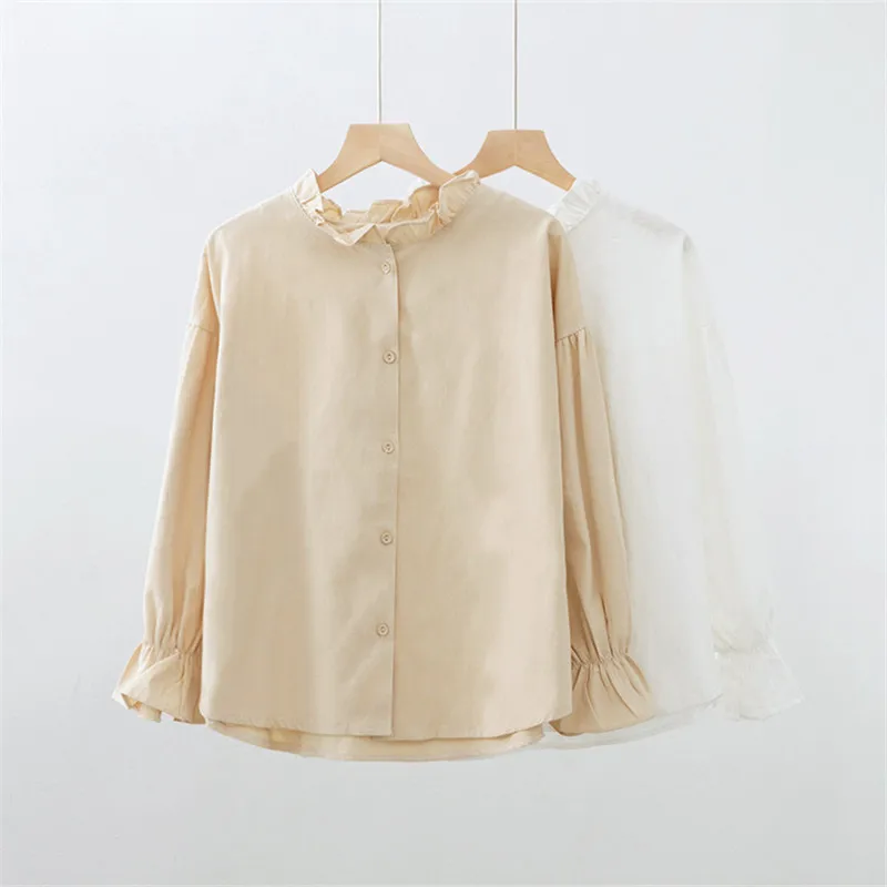 

japanese style 2018 women autumn sweet stand collar long sleeve solid blouse shirt undershirt women ruffle blouse PZ831