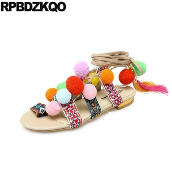 

Bohemia Booties 11 Lace Up Shoes Fringe Roman Ethnic Gladiator Big Size Strap Toe Ring Knee High Sandals Flat Boot Women Pom Pom
