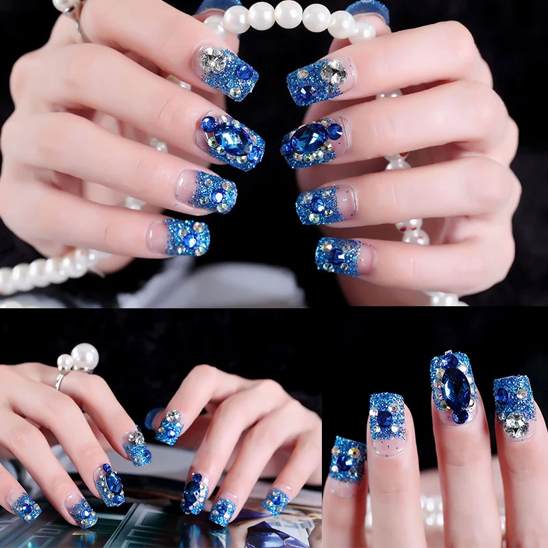 

24Pcs Nail Art New and Hot Professional Fake Nails Crystal Rhinestone Blue Color for Weddings Natural Nail Film False Nails
