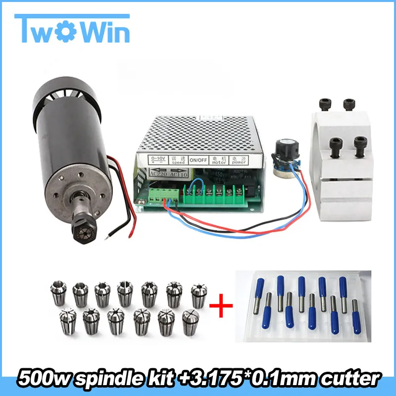 

cnc spindle 500W air cooled 0.5kw milling Motor & spindle speed power supply&52mm clamp&13pcs er11+3.175*0.1mm Milling cutter