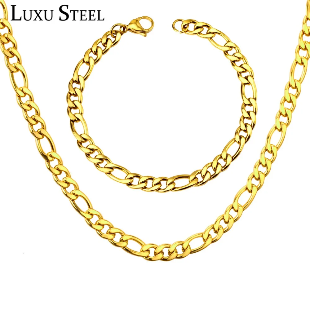 

LUXUSTEEL Stainless Steel Chain Jewelry Sets Width 7mm Length 20inch/22inch/24inch Gold/Silver Necklace Bracelets Sets For Men