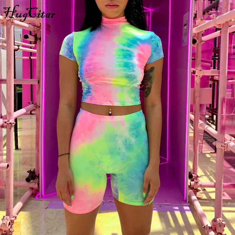 Hugcitar short sleeve crop tops shorts tie dye print colorful 2 piece set summer women fashion club streetwear sets