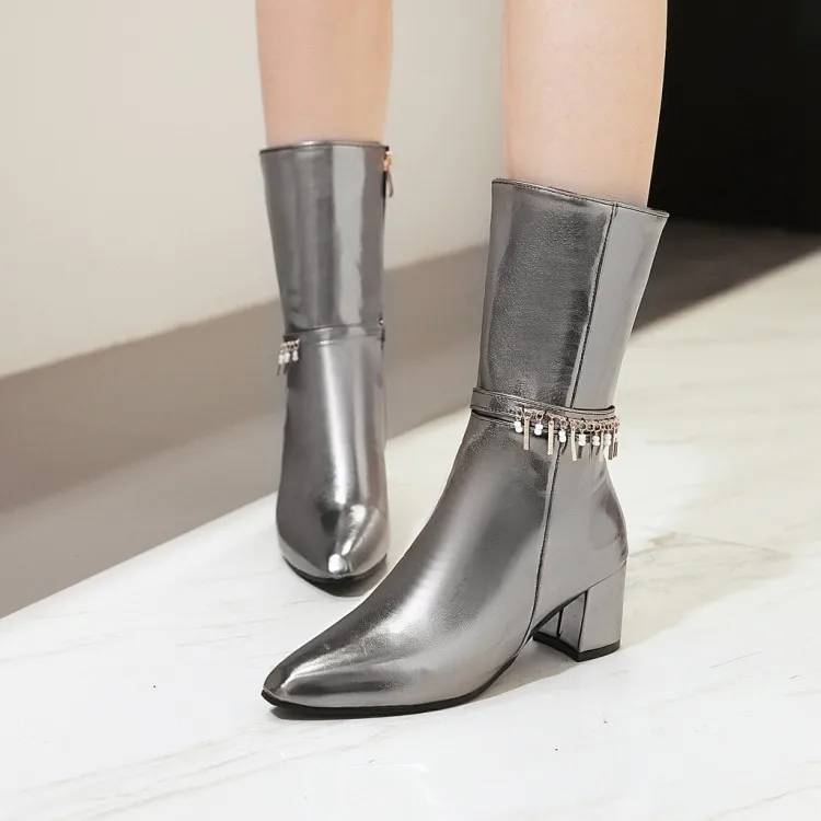 

Big Size 11 12 13 14 15 16 17 Ma'am Coarse heel Short boots Pure color Metal decoration High heel boots