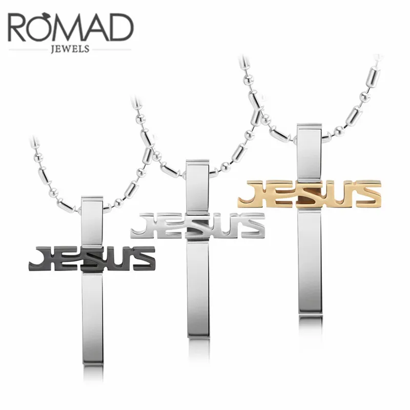 

Romad Black Silver Gold Stainless Steel Jesus Cross Pendant Necklaces Long Chain Men Religious Jewelry Accessories