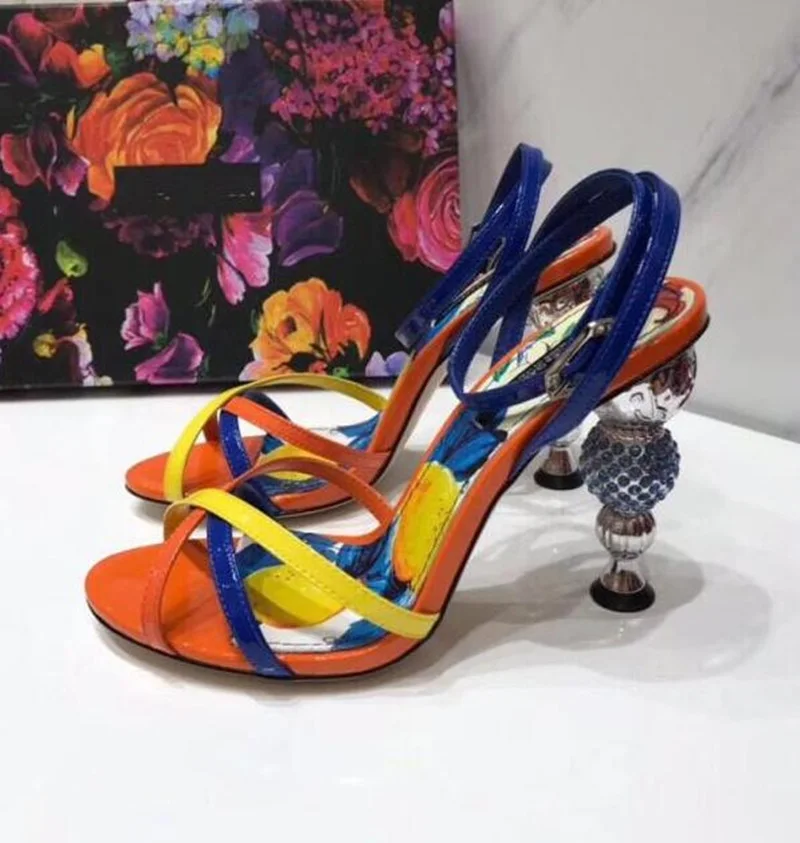 

2019 Real Leather Cross-tied Printed Shoes Woman Ball Beading Peep Toe Crystal Embellished Sandals Ankle Strap Blue Party Shoes
