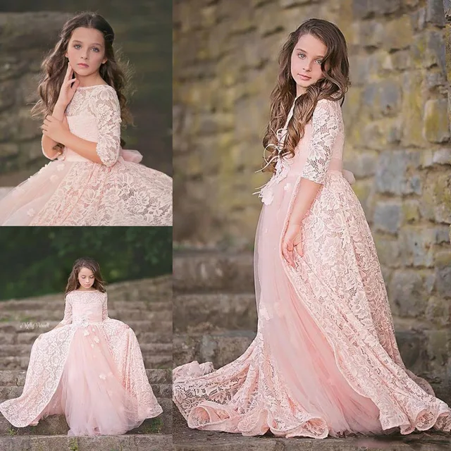 Adorable Lace Pink Flower Girls Dress Overskirt Long Sleeves Appliques
