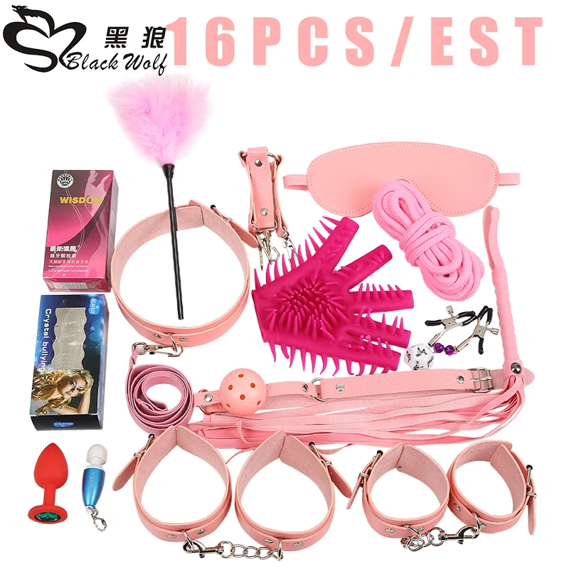 Adult Games Sex Toys 16 Pieces / set Bdsm Bondage Leather Fetish Bondage Couples Sex Products ,Bondage Rope Handcuffs collar Gag adult games 8 in 1 pink bondage kit set neck collar whip ball gag handcuffs rope eye mask fur sex fetish toy
