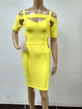 

Fashion sexy slim women dress yellow club party summer dresses spaghetti strap hollow out bodycon bandage dress H191