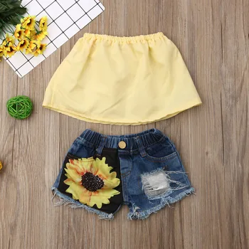 

Emmababy Summer Toddler Baby Girl Clothes Off Shoulder Cropped Tops Ripped Denim Sunflower Short Pants 2Pcs Outfits Casual Set
