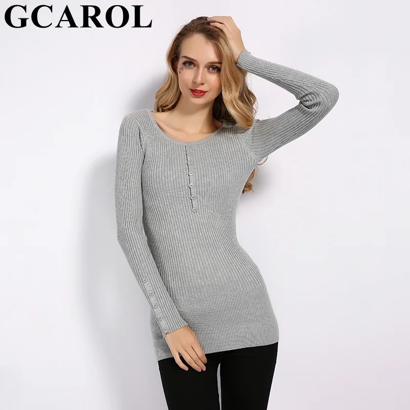 Женский длинный эластичный пуловер GCAROL, вязаный свитер в офисном стиле с декоративными пуговицами, 4 цвета, джемпер на осень и зиму