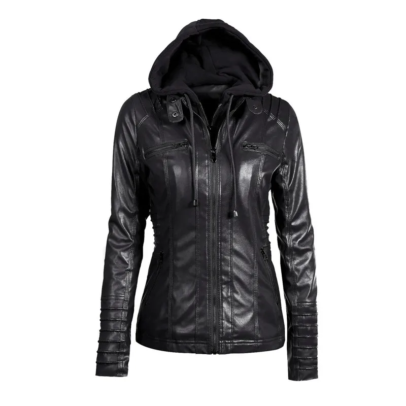 Aelegantmis Осенняя новинка, Черная Женская куртка на молнии из искусственной кожи, Дамская куртка размера плюс, верхняя одежда с длинным рукавом, XS-7XL, двухсекционное пальто с капюшоном