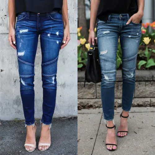 

Fashion Hot Women Denim Skinny Pants Ripped Destroyed Stretch Slim Pencil Ruched Pants