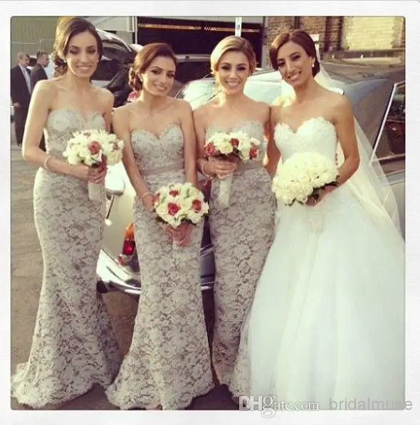 Sweetheart Neckline Sash Sweep Train Light Grey Maid Of Honor Sweetheart Neckline Sash Sweep Train Light Grey Maid Of Honor Dresses Mermaid Long Lace Bridesmaid