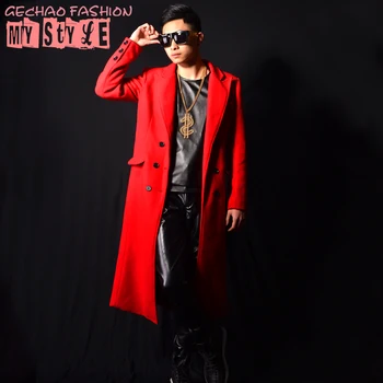 

M-XXL 2017 tide red woolen long trench coat nightclub male DSDJ stage singer costumes