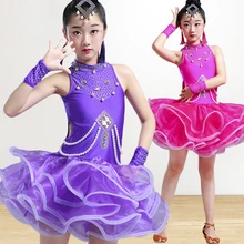 Для детей, украшенные россыпью из стразов, танго латинский бальный танец платья с юбкой из тюля с пайетками для танцевальная одежда для девочек конкурс танцев костюм