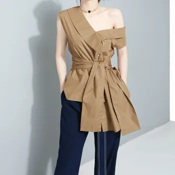 

Chic V-Neck Bandage Bowtie Blouses Irregular Slant Collar Sleeveless Shirts Single-breasted Cardigan Tops with Belt 2018 Tops