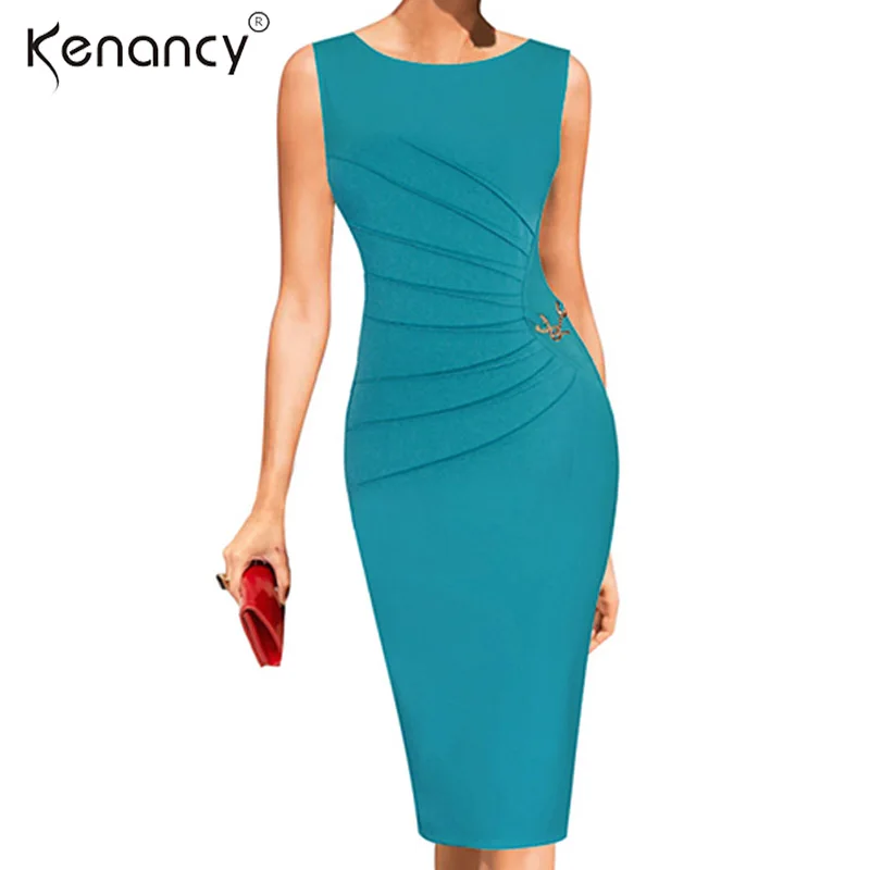 

Kenancy 4XL Plus Size Ruched Metal-Trim Pencil Dress Women Party & Office Solid Color Sleveless Sheath Bodycon Vestidos Elegant