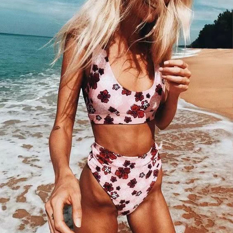 

crop top tube top padded push up floral highwaiste bikini high cut brazilian maillot de bain femme women bathing suits high leg