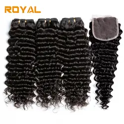 Малайзия человеческих волос глубокая волна Связки с закрытием натуральный черный 3 Связки с закрытием Королевский не Волосы remy