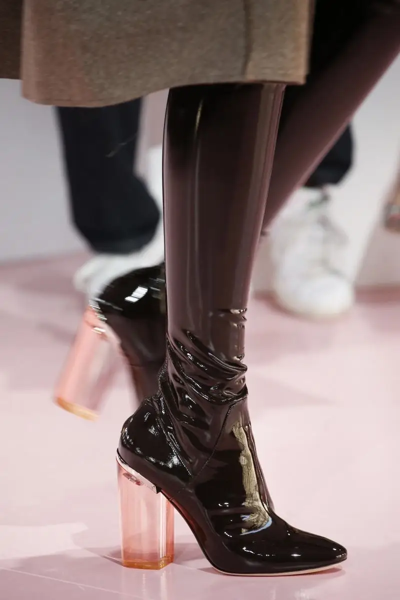 

Womens Patent Leather Crystal Clear Heel High Heels Shoes Over Knee Boots Glossy Pointed Toe Plus Size G79