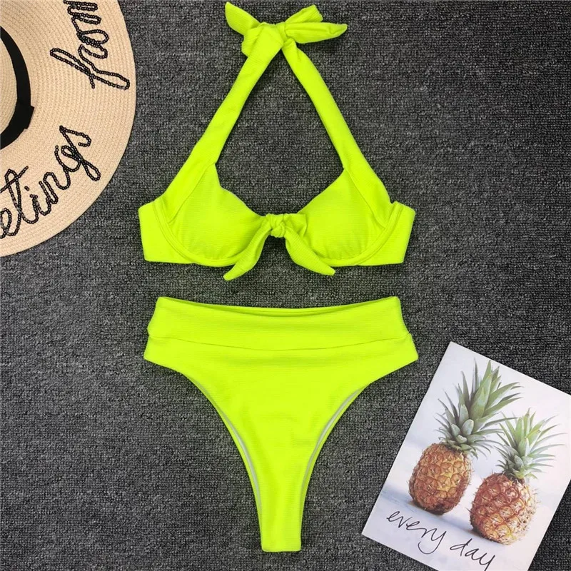 

Neon Green Underwired Push up High Waist bikini 2019 Women Ribbed Swimsuit Female Knot Swimwear Halter Bikini set Bathing Suit