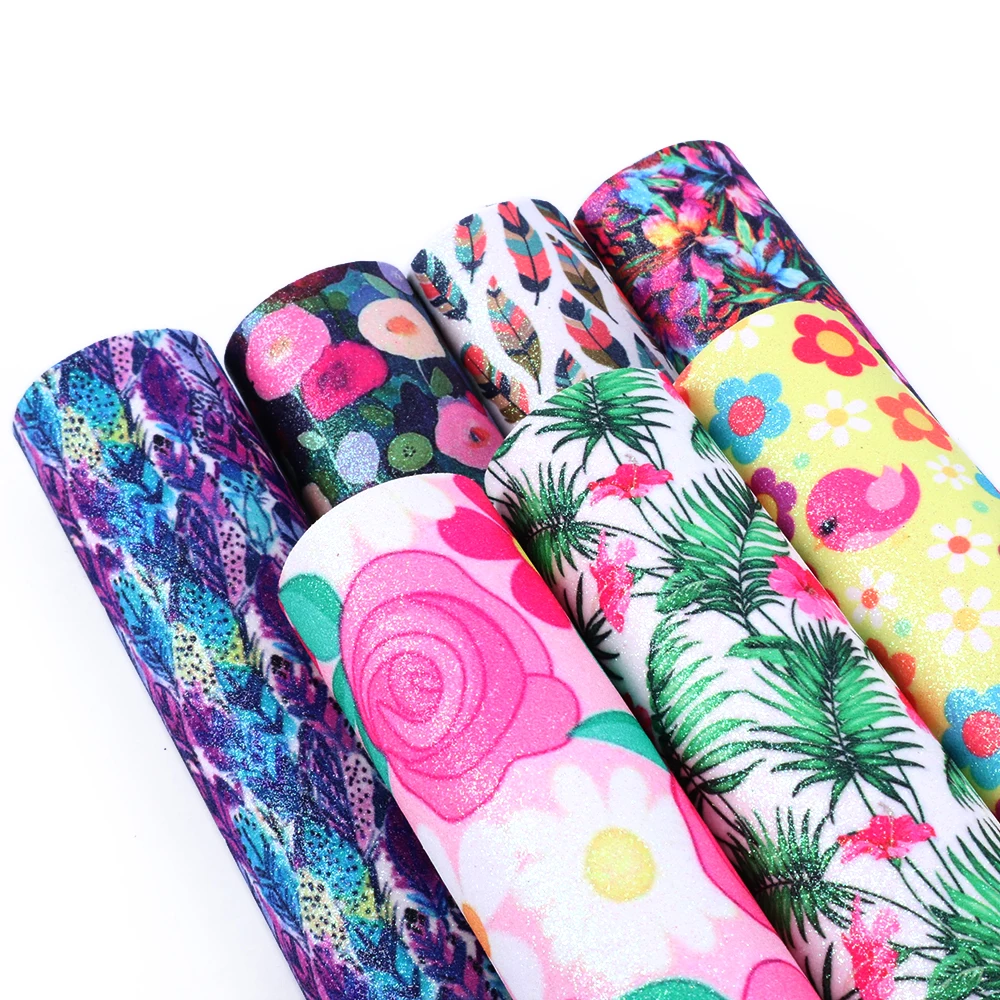 

david angie 20*34cm Flowers Leaf Printing Shiny Glitter Fabric Leather Sheet,DIY Hairbow Garment Notebook Cover Material,1Yc5587