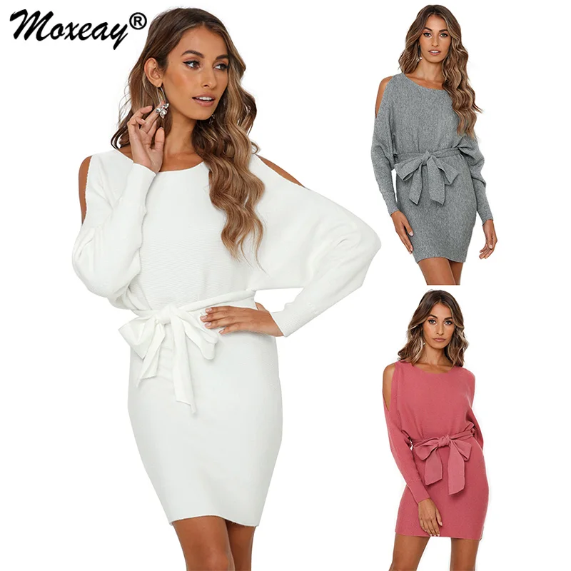 

Moxeay Women Knit Sweater Dress Long Sleeve Cold Shoulder Batwing Sleeve Sweater Spring Autumn Package Hip Dress Knitted Sweater