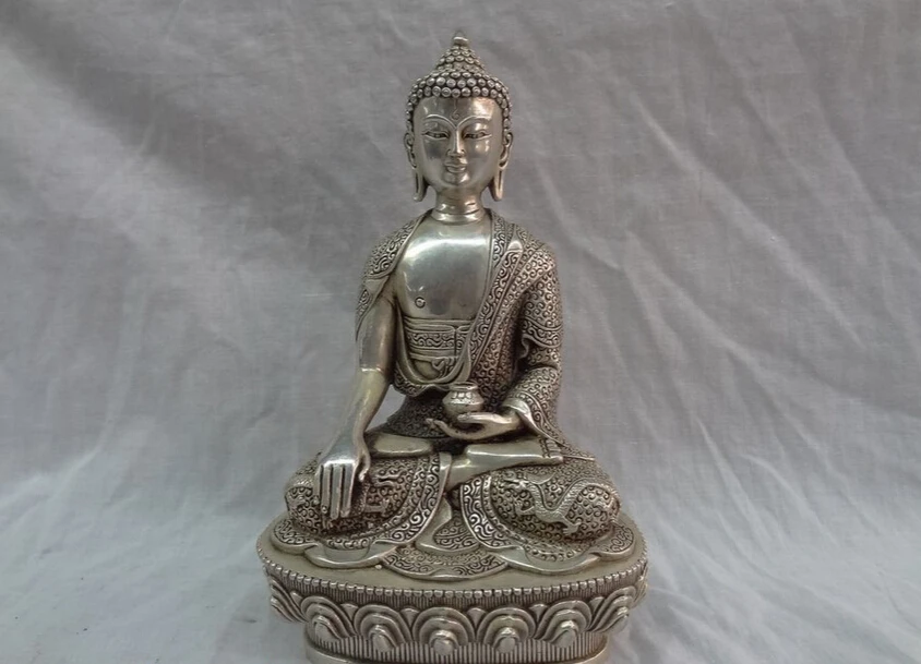 

S4665 China Silver Bronze Sakyamuni Tibetan Dragon Shakyamuni Buddha Statue Sculpture D0317