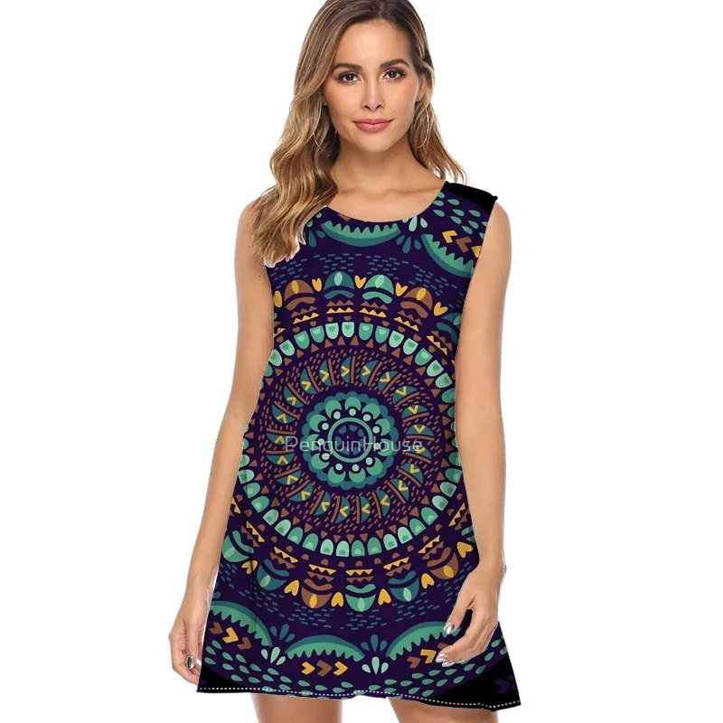 

New Summer Ethnic mandala Dress 2019 Sleeveless O Neck Summer Boho Dress Women Casual Loose Mini Short Dress Vestidos