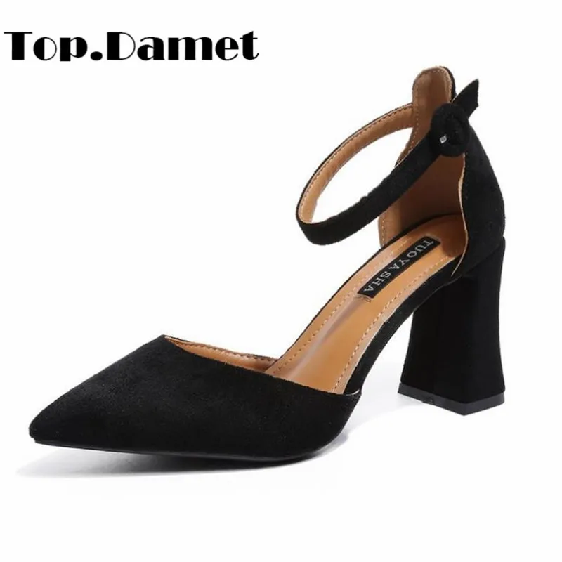 

Top.Damet Women Sandals Fashion Summer High Square Heel Flock Buckle Sexy Shoes Casual Breathable Solid Color Sandals for Ladies
