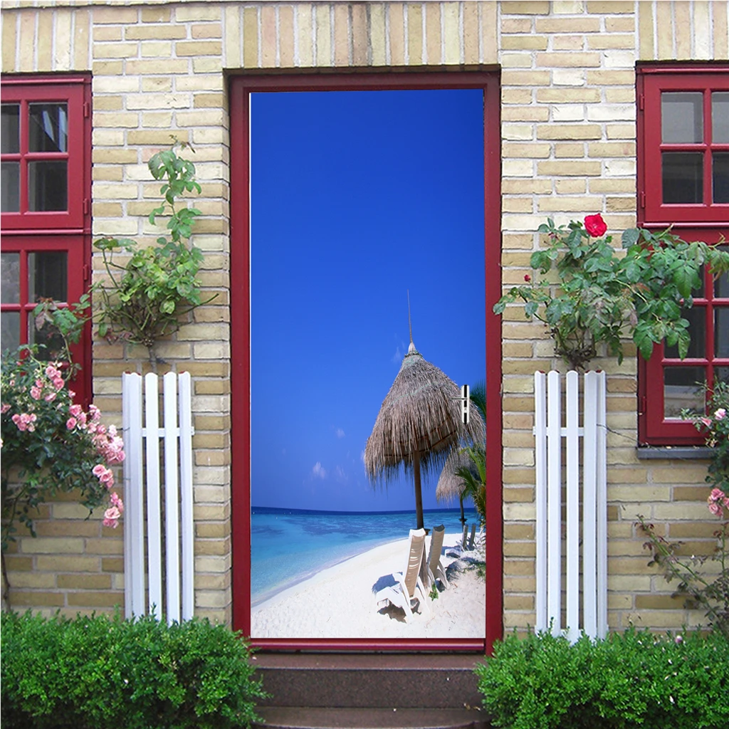 3D Photo Door Murals Sea Side Scenery Wall Sticker Mural Removable Self-Adhesive Fridge Decor Decal 77x200cm